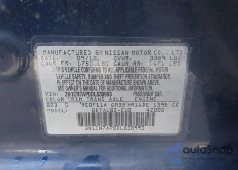 2013 Nissan Versa 1.6 Sv z USA, uszkodzony, nr VIN 3N1CN7AP0DL830993